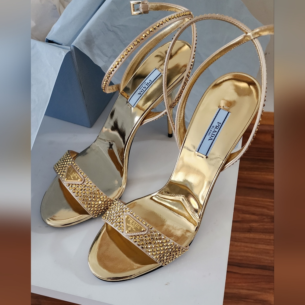 Gold Prada High Heel Sandals with crystals